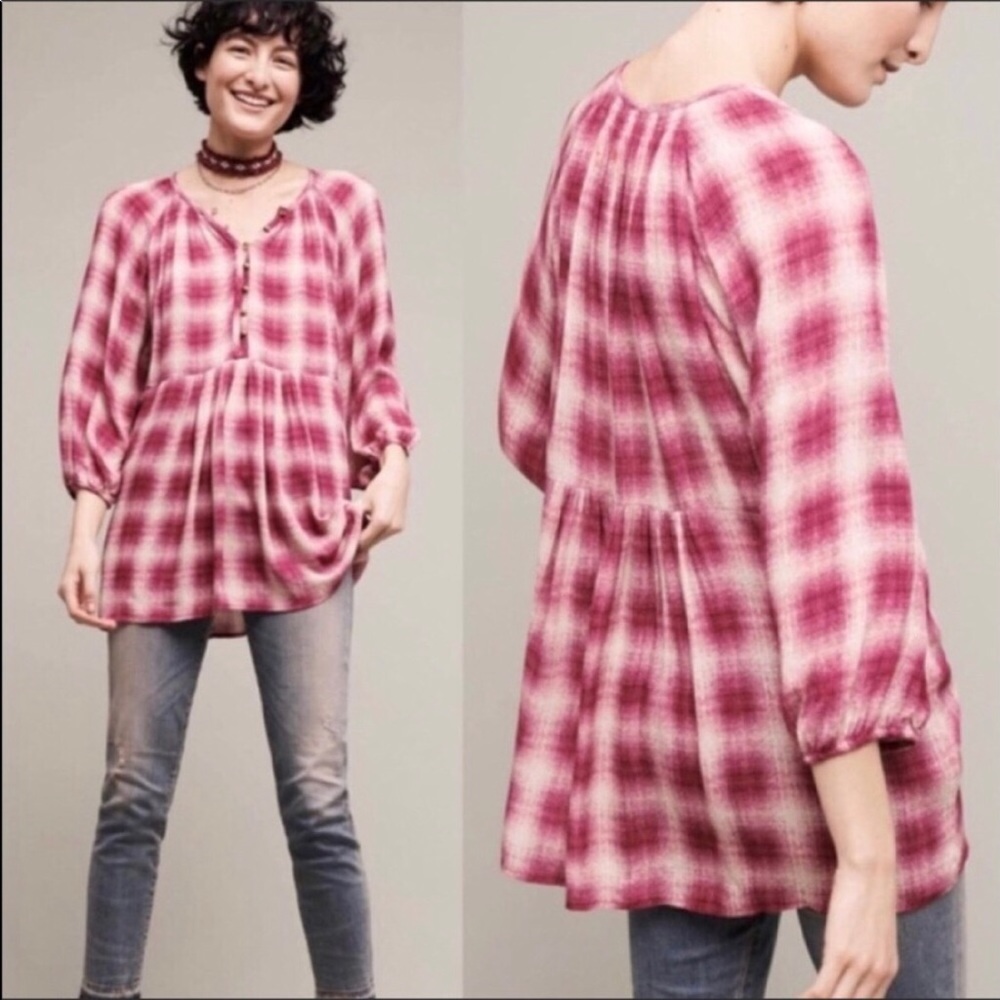 Anthropologie | Maeve Cavalon Peplum Plaid Top Sz M
